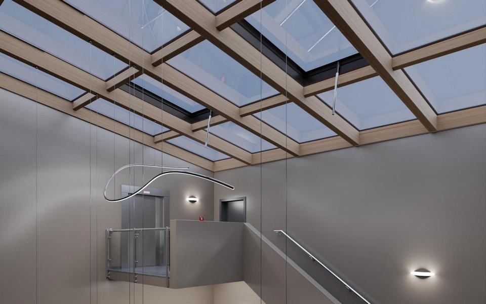 3D Darstellung Treppenhaus mit Treppe und Dachverglasung