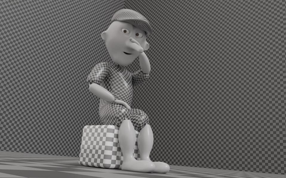 Pinnocchio auf einem Würfel in einem 3D Studio