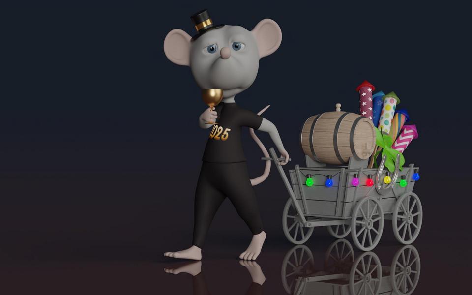 Ratte mit Bollerwagen und einem Silvesterhut auf dem Kopf